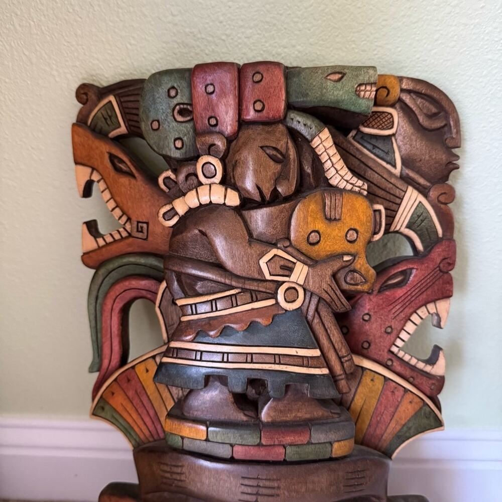 Handcrafted Wooden Mask Wall Hanging Art Ixchel Mayan Mexican Aztec Sculpture - Picture 3 of 12